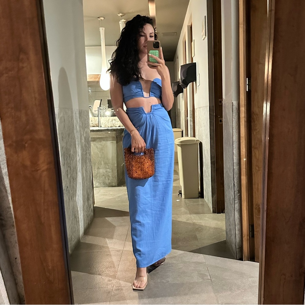 Blue two-piece crop top skirt set